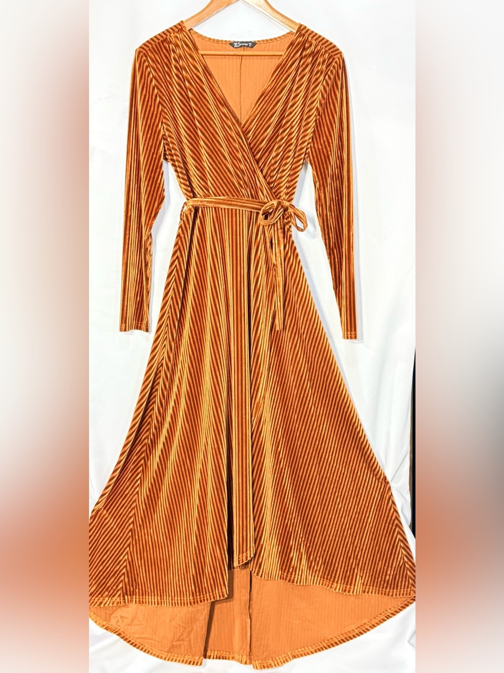 Simplee Pleated Velvet Wrap Maxi Dress Rust Orange High-Low Medium